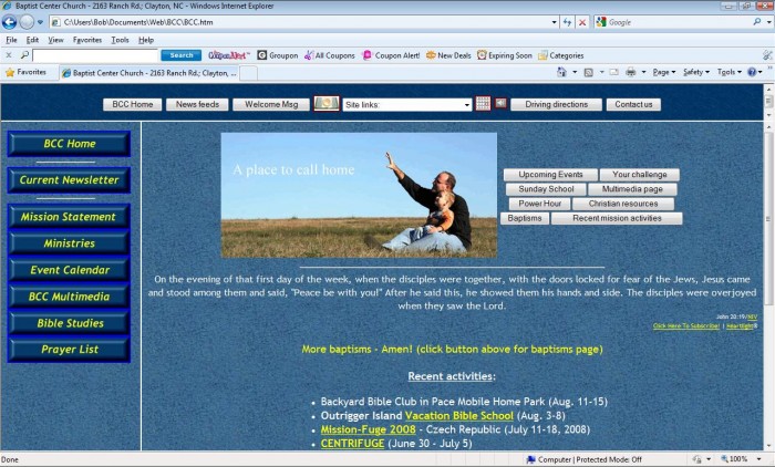 Baptist Center Church website screenshot